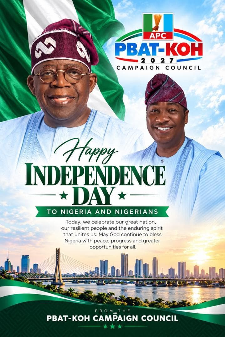 Independence Day greeting from the PBAT-KOH Campaign Council, with portraits of President Bola Ahmed Tinubu and Dr. Kadri Obafemi Hamzat above the Lagos skyline and lagoon.
