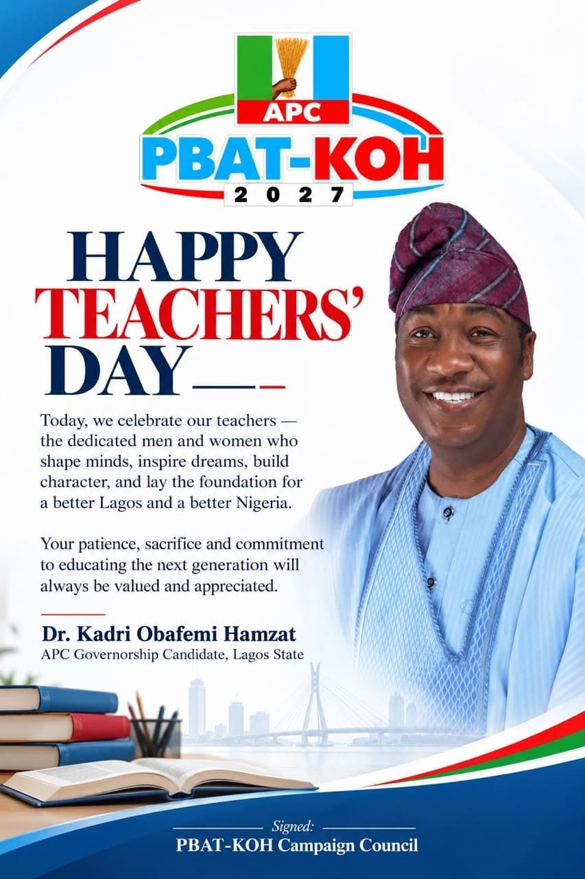 Teachers' Day greeting from the PBAT-KOH Campaign Council, with a portrait of Dr. Kadri Obafemi Hamzat in a light blue agbada and a purple cap, books on a desk, and the Lagos skyline.